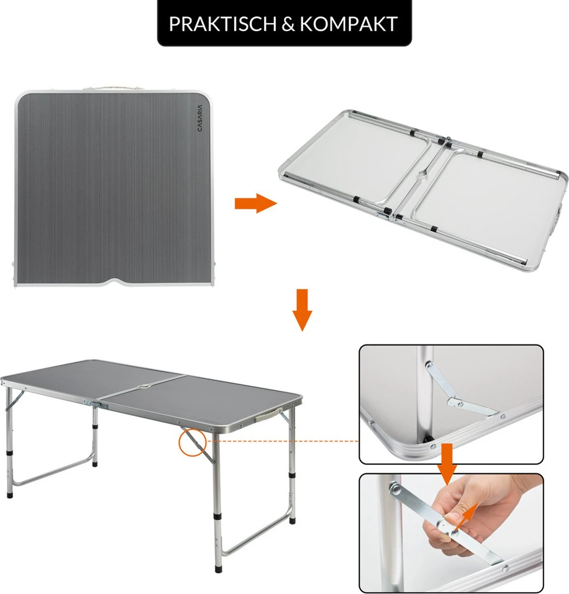 Casaria Campingtafel – Inklapbaar Verstelbaar - 120x60x70 Cm Grijs - Afbeelding 7