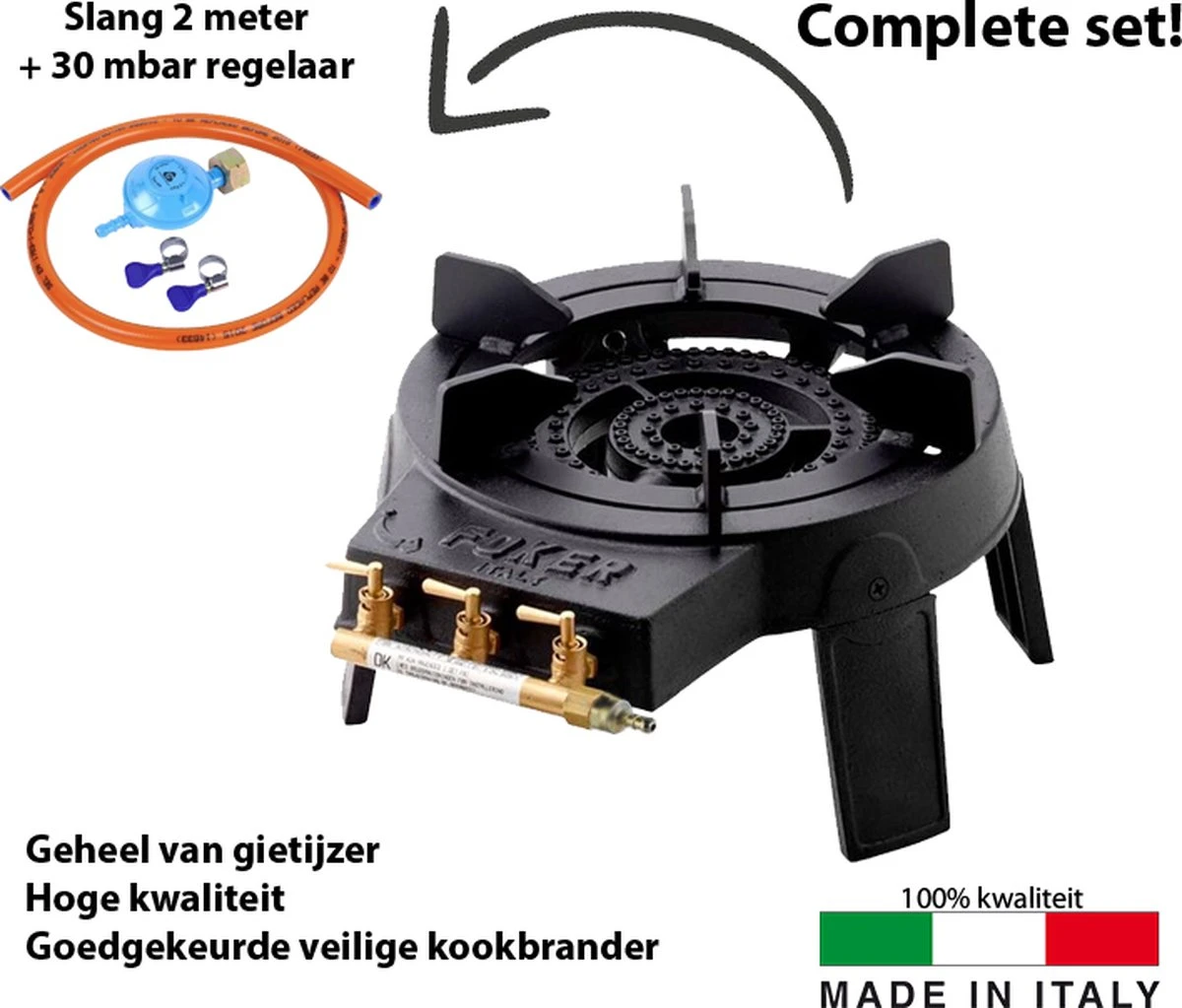 Foker Originele Wokbrander Set - Gietijzer - 3 Verschillende Kleppen - Met Uitneembare Ring Geschikt Voor Pannen En Wokken - Max 9,4kW - Propaan
