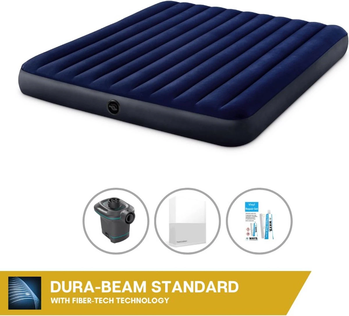 Intex Luchtbedset Intex Luchtbed - 2-Persoons - 183 X 203 X 25 Cm - Blauw + Intex Elektrische Pomp - 650 Liter/min + Hoeslaken Wit + Reparatieset