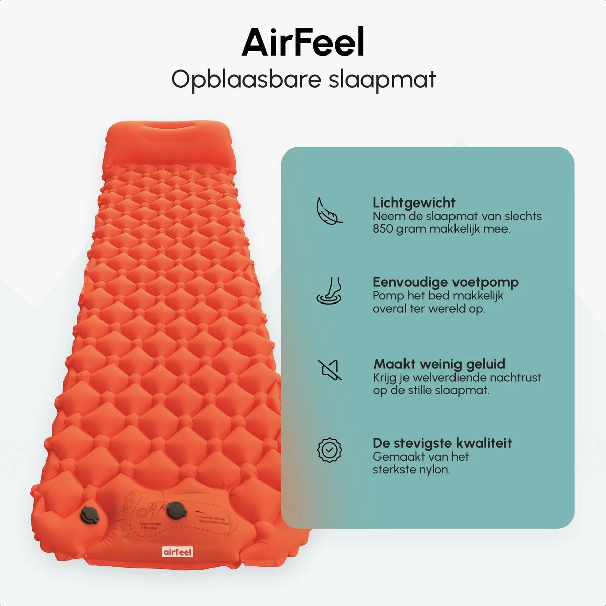 AirFeel Lichtgewicht Opsblaasbaar Slaapmatje - Ingebouwde Pomp En Kussen - 196 X 60 X 6 Cm - Orange - Afbeelding 4