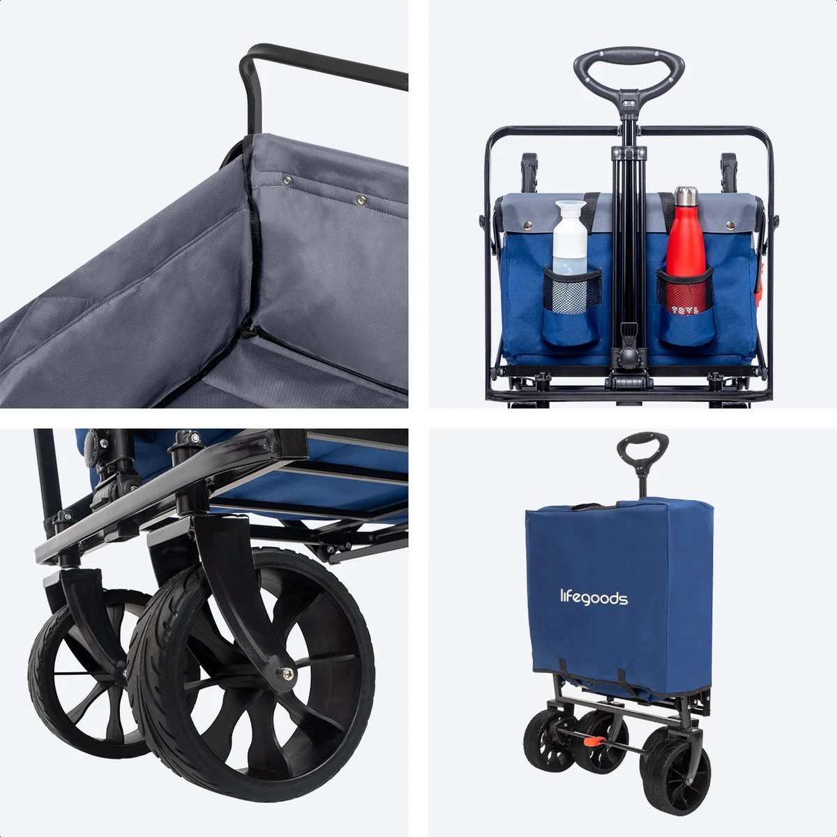 LifeGoods Bolderkar - Opvouwbaar - Tot 120KG - 103L - Extra Draagtas En Duwstang - Wasbaar Polyester - 98x45cm - Blauw/Grijs - Afbeelding 8