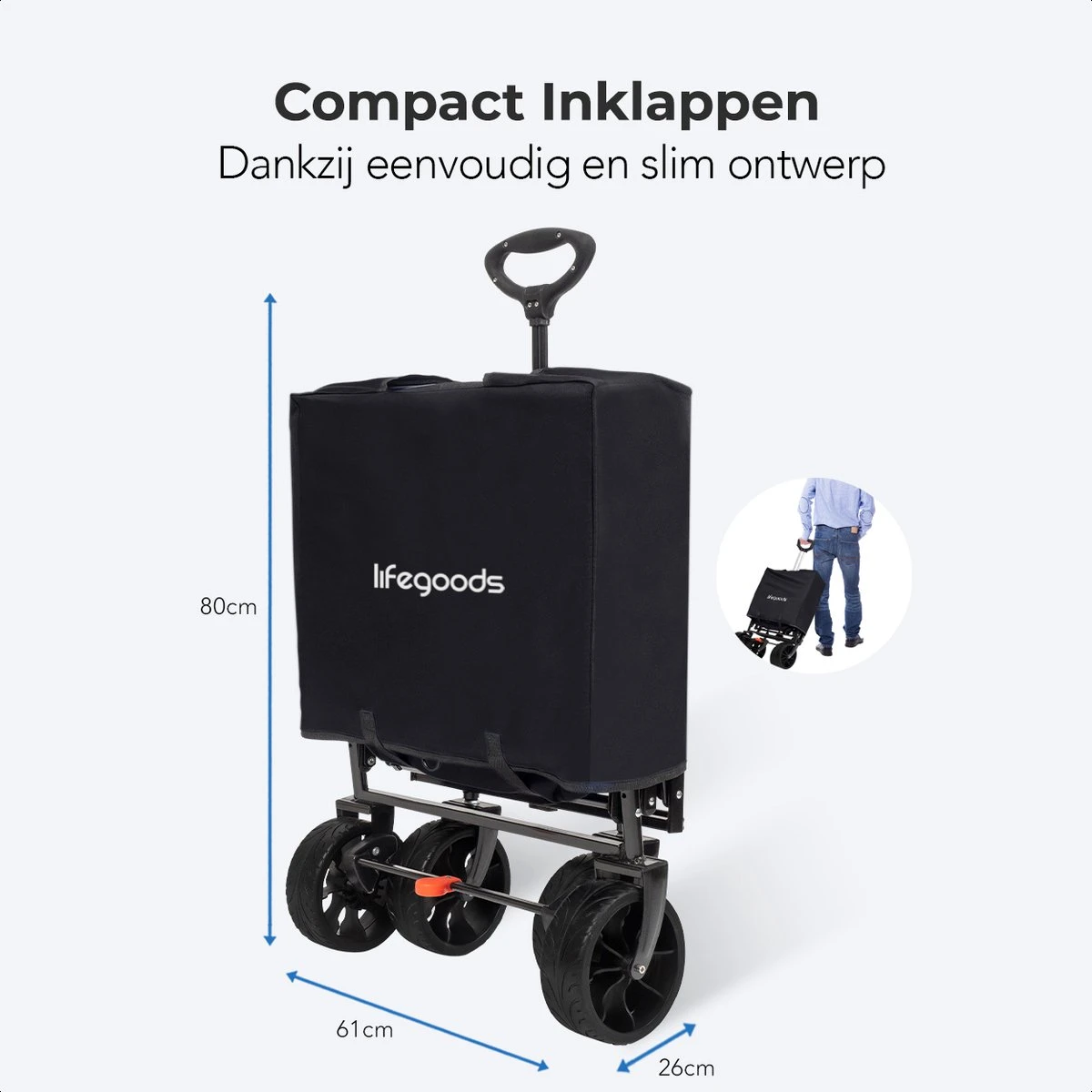 LifeGoods Bolderkar - Opvouwbaar - Tot 120KG - 103L - Extra Draagtas En Duwstang - Wasbaar Polyester - 98x45cm - Zwart/Grijs - Afbeelding 3