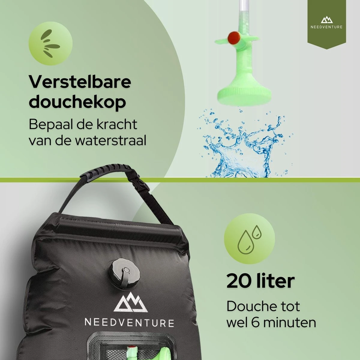 Needventure Solar Douche - Camping Douchezak - Buiten Douche - Tuindouche - Inclusief Thermometer - Waterzak Met Douchekop - 20L - Zwart - Afbeelding 6