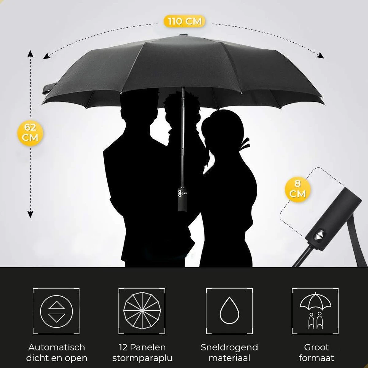 NovaQ Storm Paraplu Opvouwbaar - Paars - Polsband - Automatisch Uitklapbaar - Tot 100p/u Windproof - 110cm - 12 Panelen - Afbeelding 10