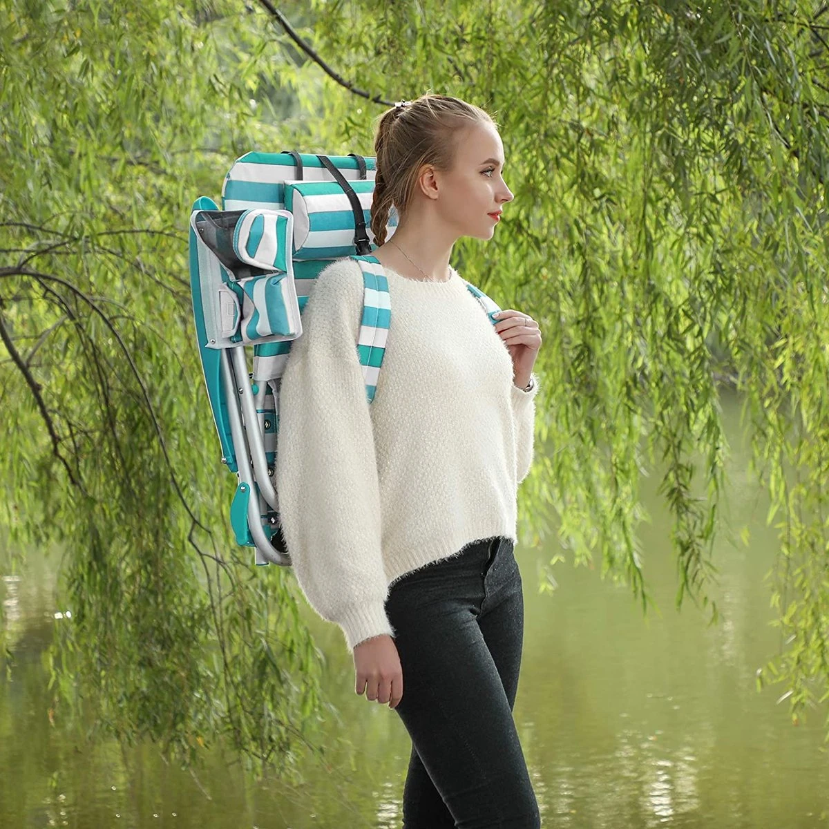 Strandstoel Met Afneembare Hoofdsteun, Draagbare Klapstoel, Campingstoel, Rugleuning Tot 180° Verstelbaar, Met Bekerhouder En Zijvak, Groene En Witte Strepen GCB62JW - Afbeelding 7