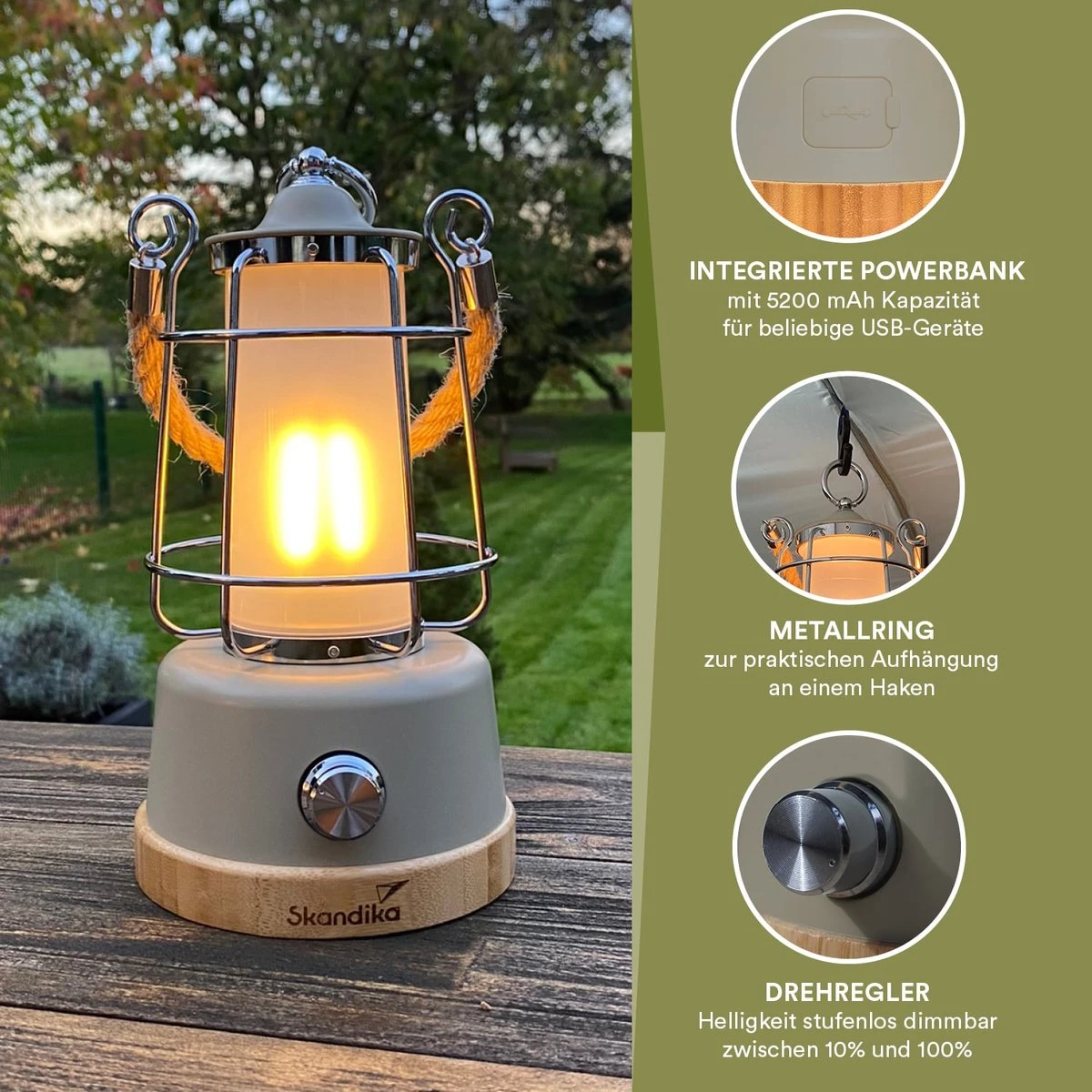 Skandika Kiruna LED-Lamp – Tentlampen – Campinglampen – Buiten Lantaarn – Buitenverlichting – Buiten Lamp - Retro Outdoor Camping Lamp Met Powerbank, Traploos Dimbaar, Draadloos, Oplaadbare Batterij, USB, Warm En Koud Wit, 75h Lichtduur – Beige - Afbeelding 8