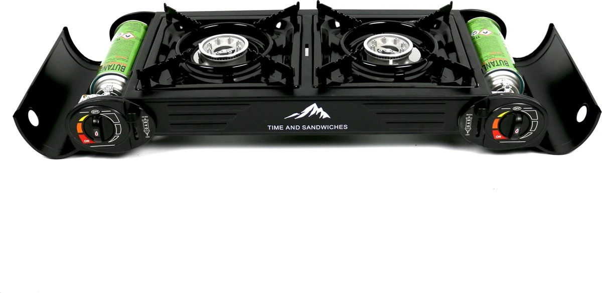 T&S - Draagbaar Dubbel Gasvuur Met Grillplaat En Transportkist - Camping Kooktoestel - Kookstel - Bakplaat - Gasfornuis - 2 Pits - Elektrische Ontsteking - Kookvuur - Kampeer Vuur - Afbeelding 3