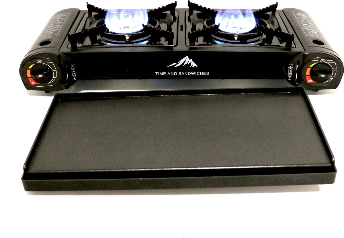 T&S - Draagbaar Dubbel Gasvuur Met Grillplaat En Transportkist - Camping Kooktoestel - Kookstel - Bakplaat - Gasfornuis - 2 Pits - Elektrische Ontsteking - Kookvuur - Kampeer Vuur - Afbeelding 5