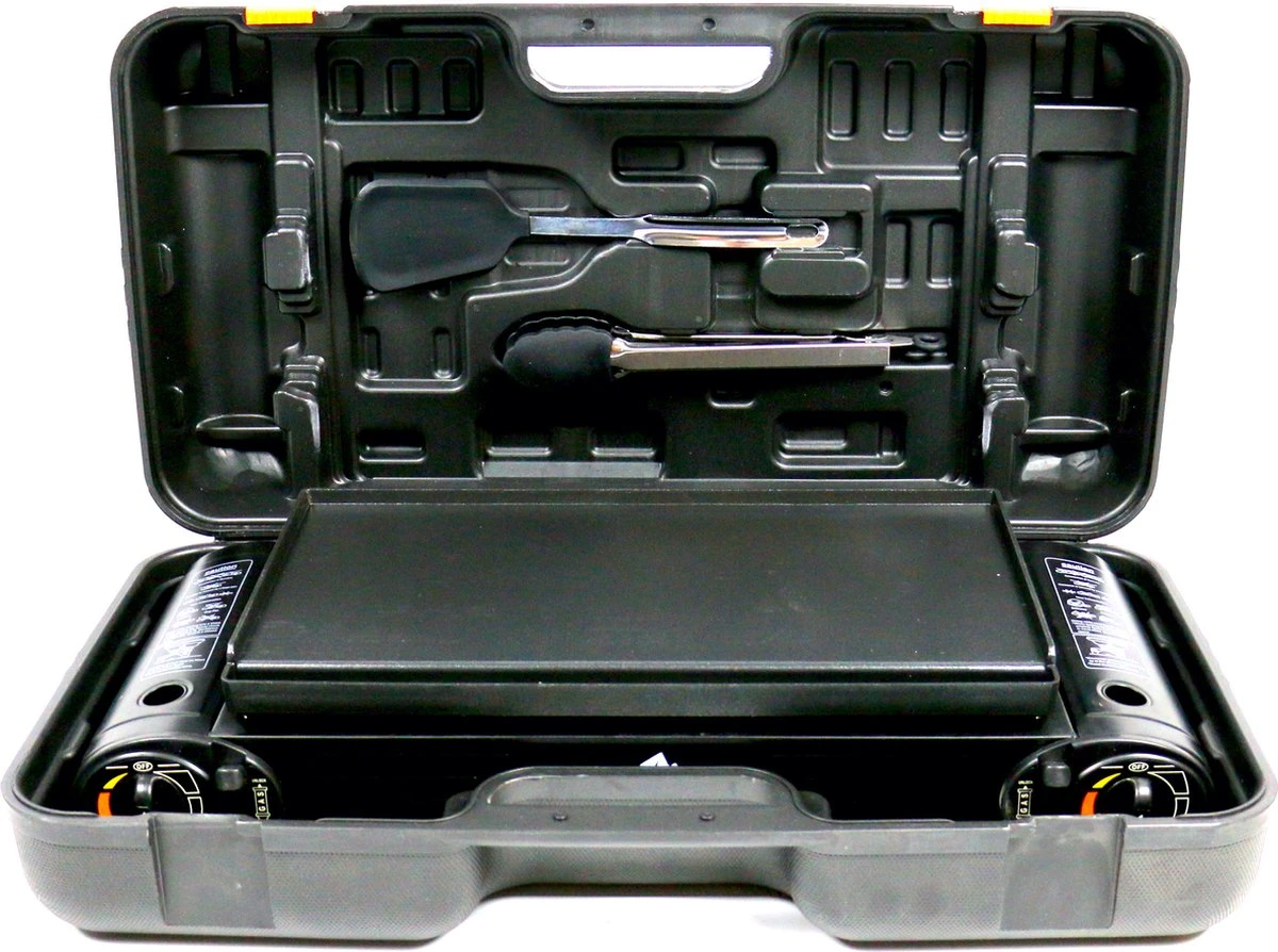 T&S - Draagbaar Dubbel Gasvuur Met Grillplaat En Transportkist - Camping Kooktoestel - Kookstel - Bakplaat - Gasfornuis - 2 Pits - Elektrische Ontsteking - Kookvuur - Kampeer Vuur - Afbeelding 2