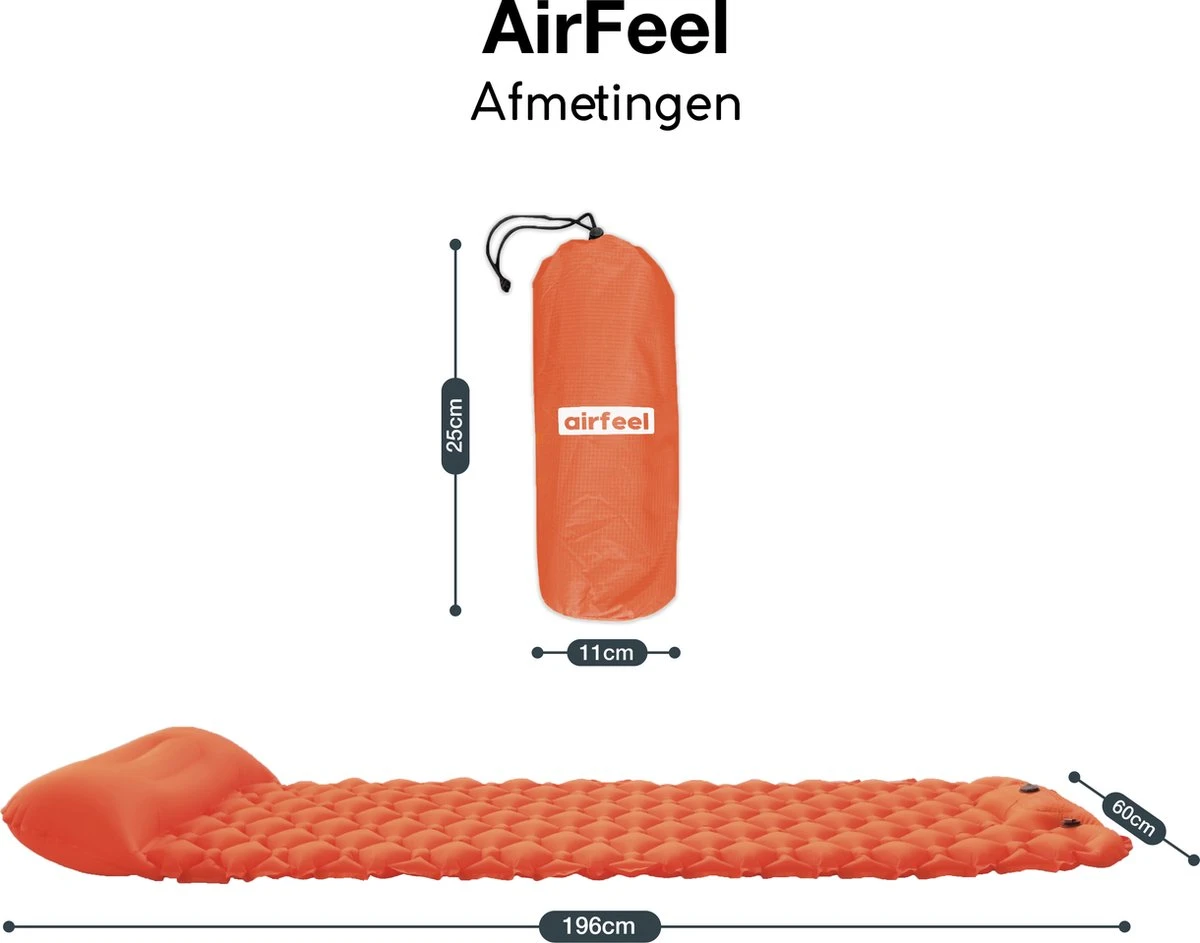 AirFeel Lichtgewicht Opsblaasbaar Slaapmatje - Ingebouwde Pomp En Kussen - 196 X 60 X 6 Cm - Orange - Afbeelding 5