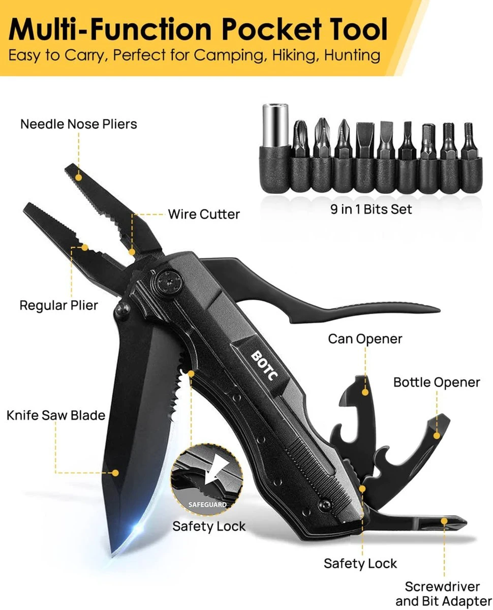 BOTC Multitool Zakmes - 14-in-1 Multitool - Blikopener / Flesopener / Zakmes / Schroevendraaier/ 9 Verwisselbare Schroeven / Draagetui - Voor Outdoor Camping/Wandelen - Afbeelding 2
