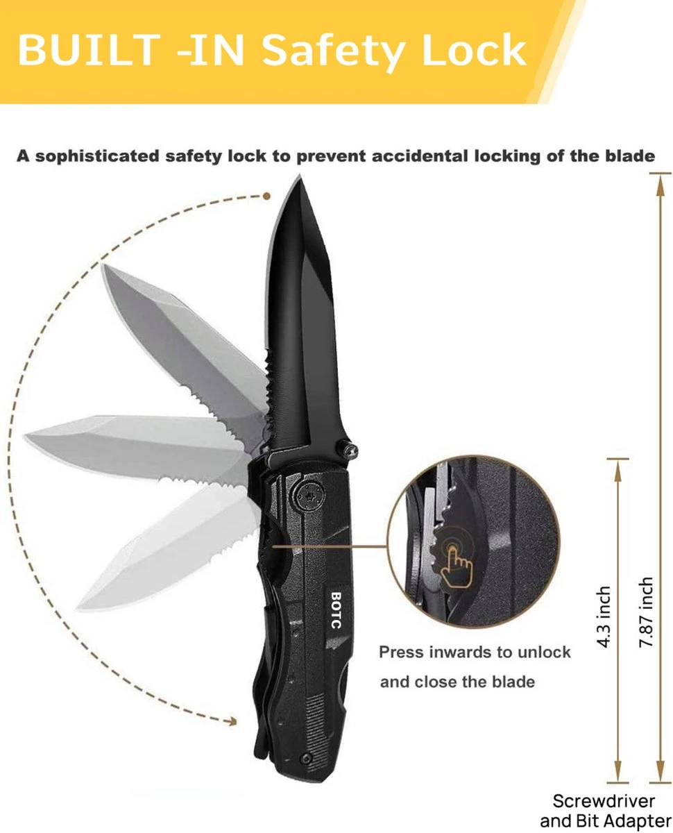 BOTC Multitool Zakmes - 14-in-1 Multitool - Blikopener / Flesopener / Zakmes / Schroevendraaier/ 9 Verwisselbare Schroeven / Draagetui - Voor Outdoor Camping/Wandelen - Afbeelding 4